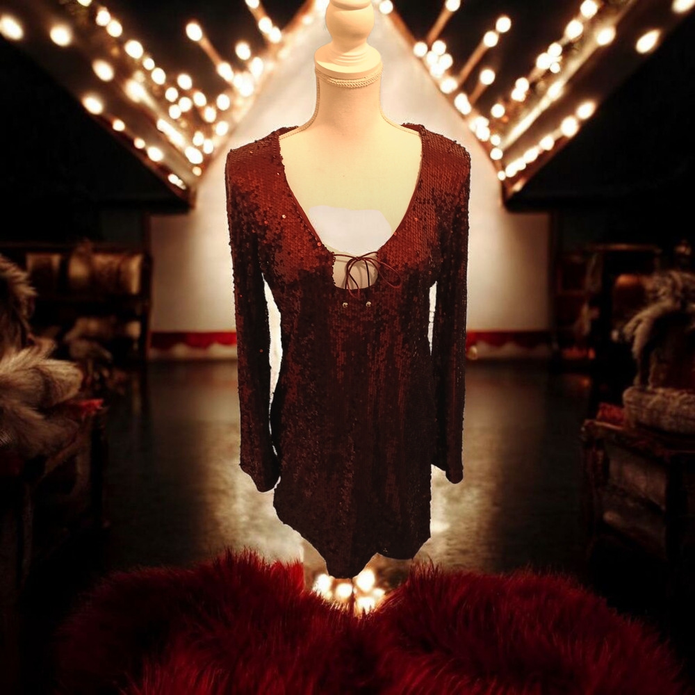 Elegant Sequin Mini Dress - Deep Red
